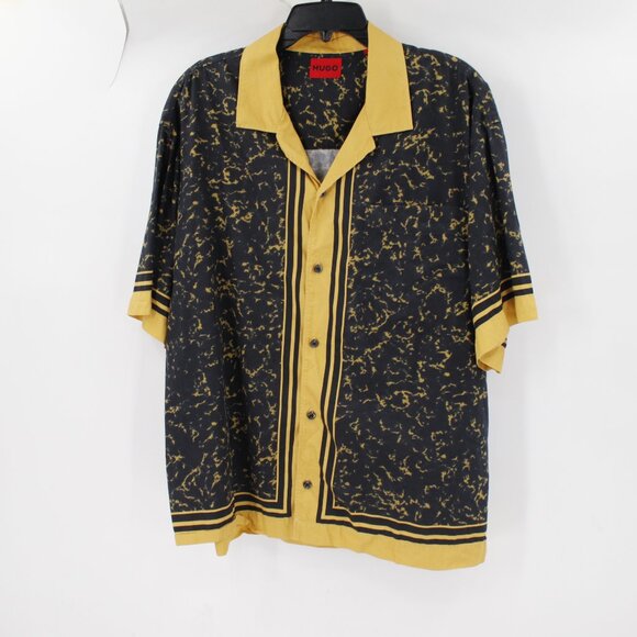 Hugo boss Shirt Men Medium Yellow Black oversized casual print Cotton Blend camp - Picture 2 of 15